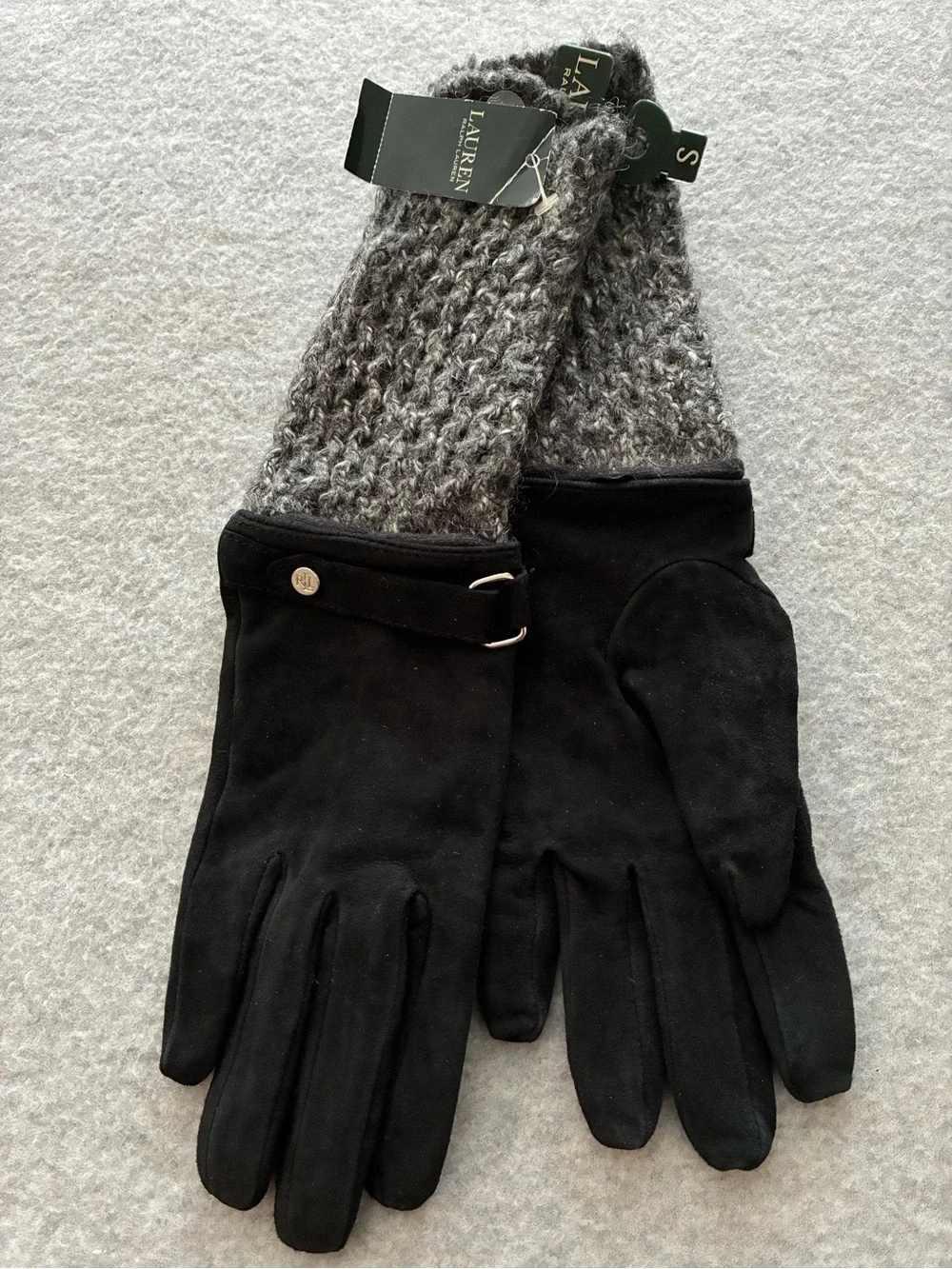 Lauren Ralph Lauren Suede Wool Knit Cuff Gloves Black Grey S NWT